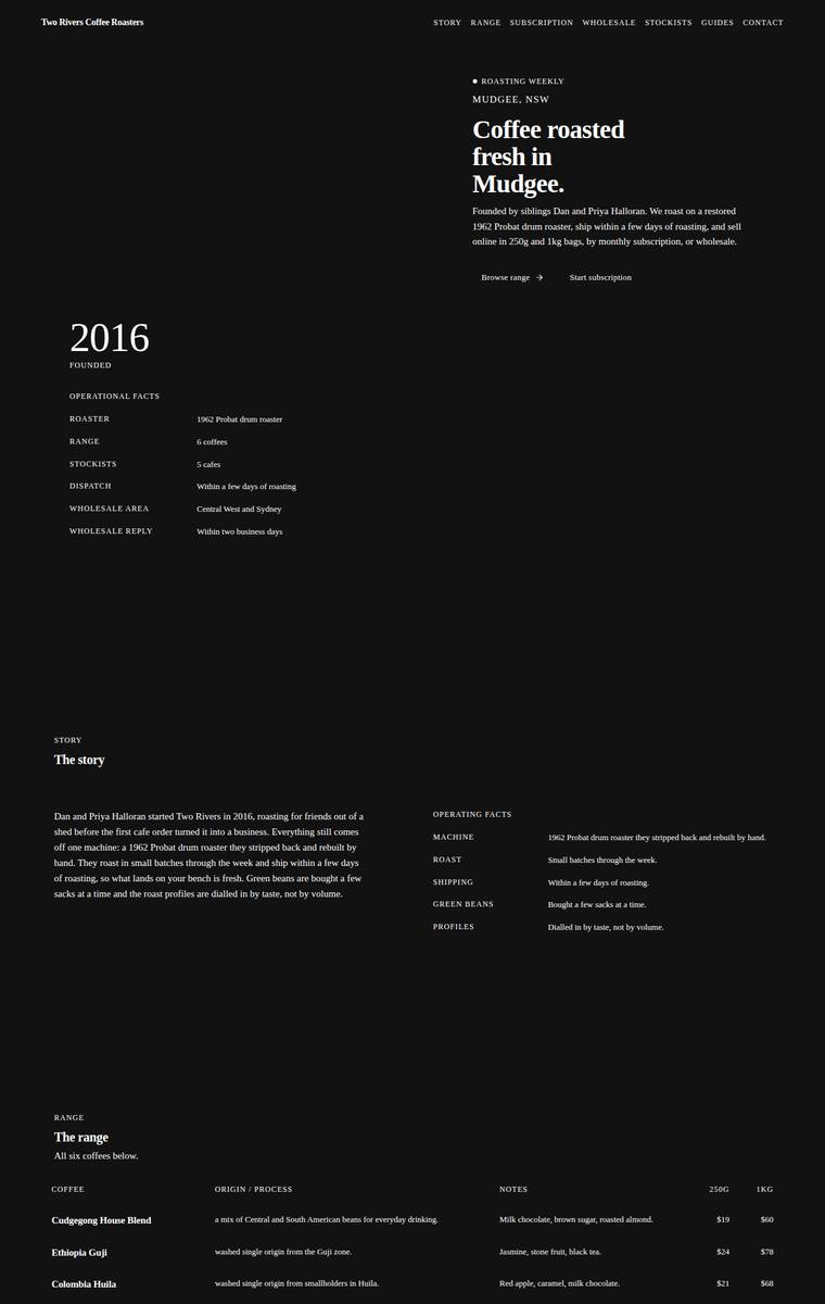 Elias Byrne (gpt-5.4-mini) rendering of the Two Rivers Coffee Roasters single-page site benchmark - composite 67.2%, judge 3.7/5