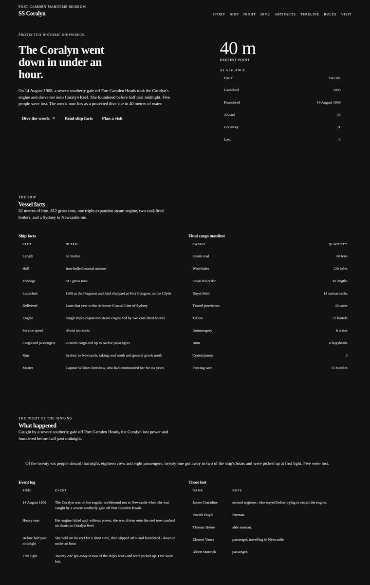 Elias Byrne (gpt-5.4-mini) webdesign output - The Wreck of the Coralyn maritime museum microsite