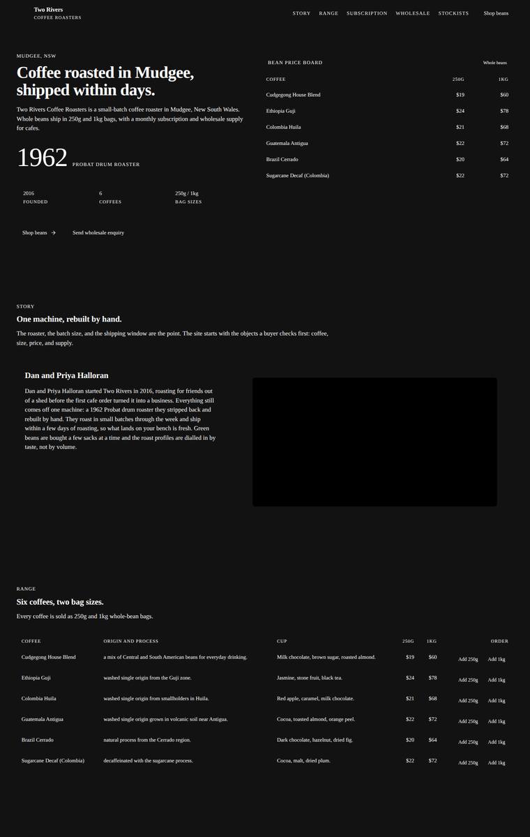 Elias Byrne (gpt-5.5) rendering of the Two Rivers Coffee Roasters single-page site benchmark - composite 50.0%, judge 3.0/5