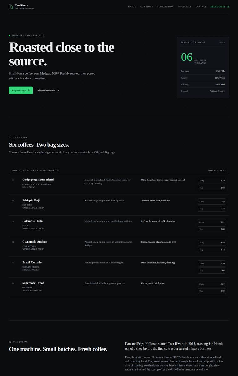 Elias Byrne (gpt-5.6-luna) webdesign output - Two Rivers Coffee Roasters single-page site