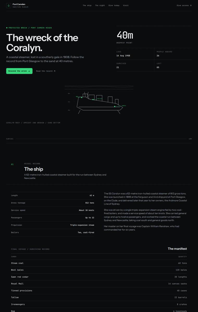 Elias Byrne (gpt-5.6-luna) webdesign output - The Wreck of the Coralyn maritime museum microsite