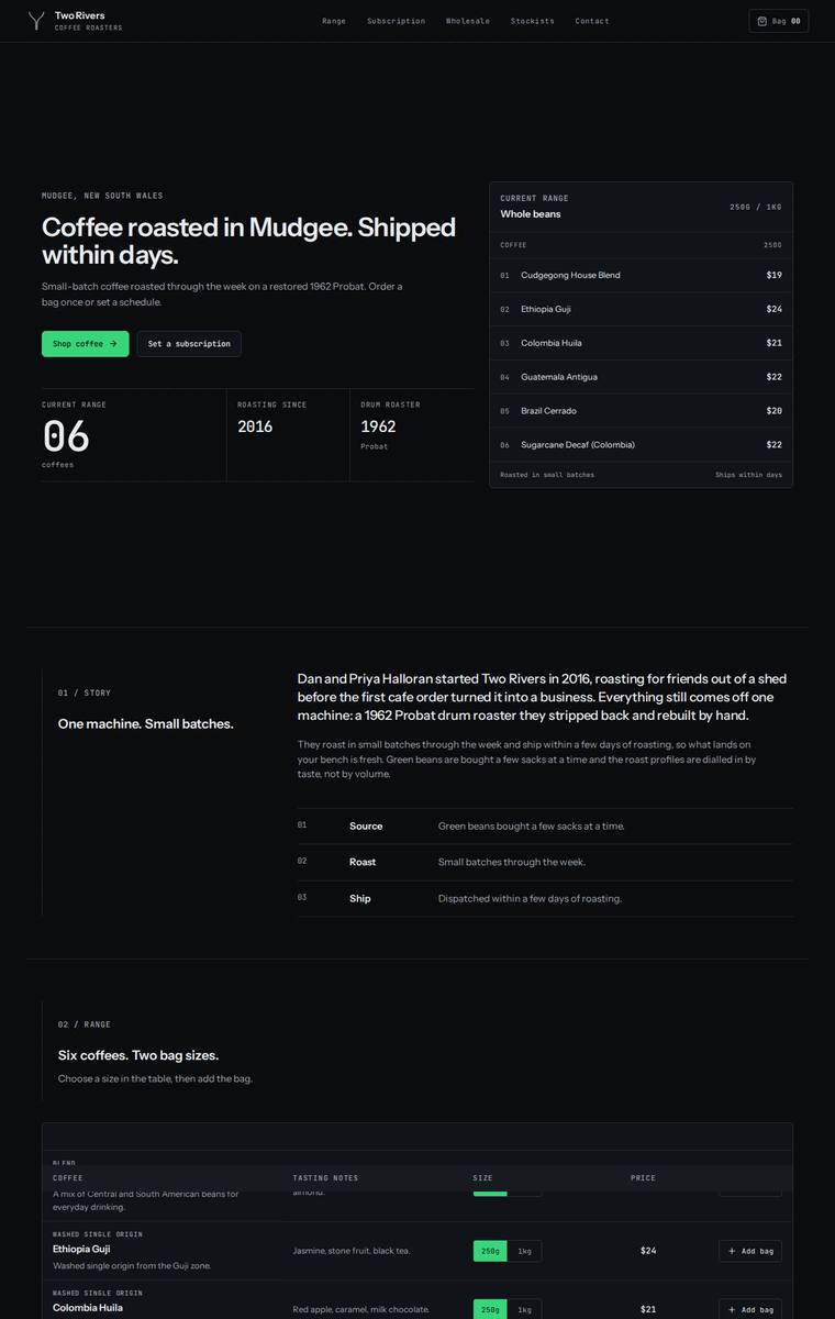 Elias Byrne (gpt-5.6-sol) rendering of the Two Rivers Coffee Roasters single-page site benchmark - composite 70.3%, judge 3.8/5