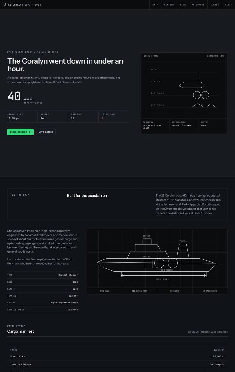 Elias Byrne (gpt-5.6-sol) rendering of the The Wreck of the Coralyn maritime museum microsite benchmark - composite 92.2%, judge 4.7/5