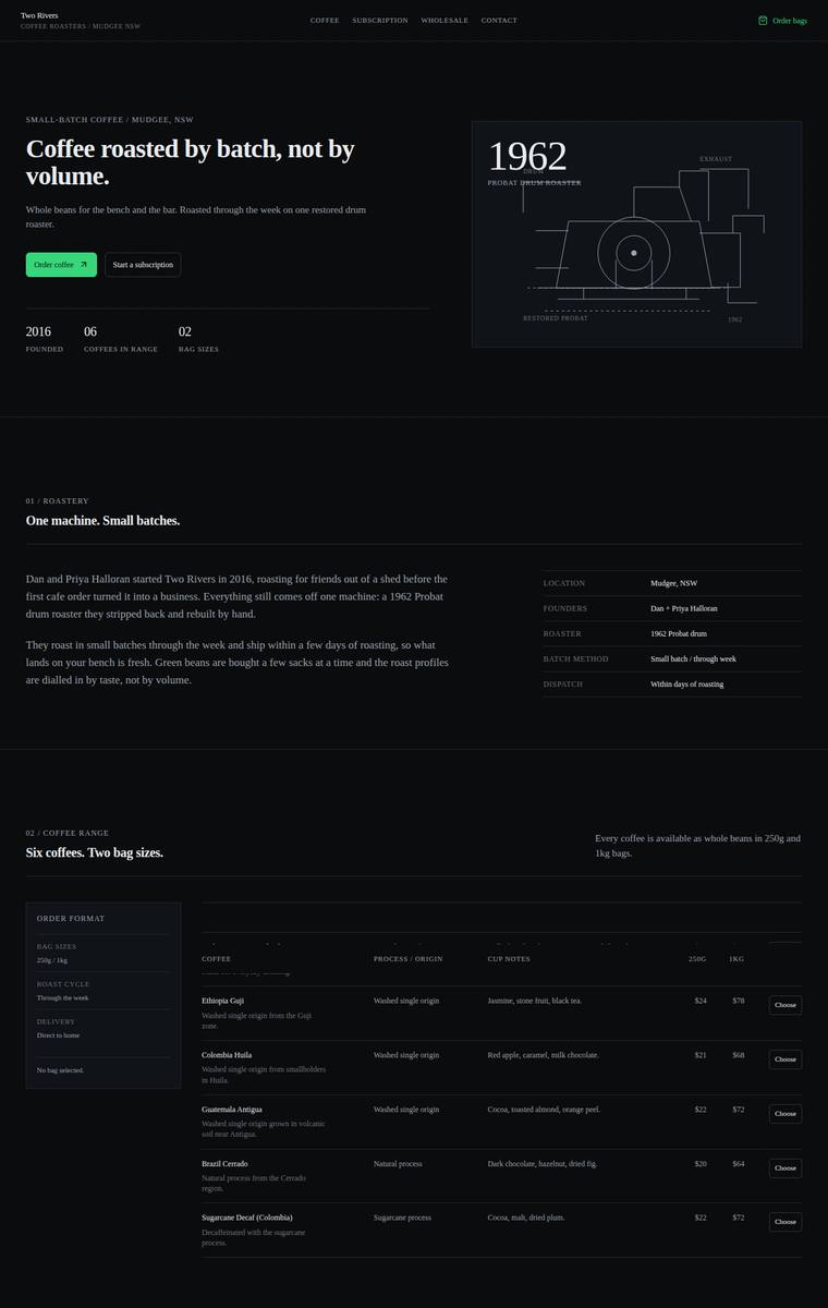 Elias Byrne (gpt-5.6-terra) webdesign output - Two Rivers Coffee Roasters single-page site