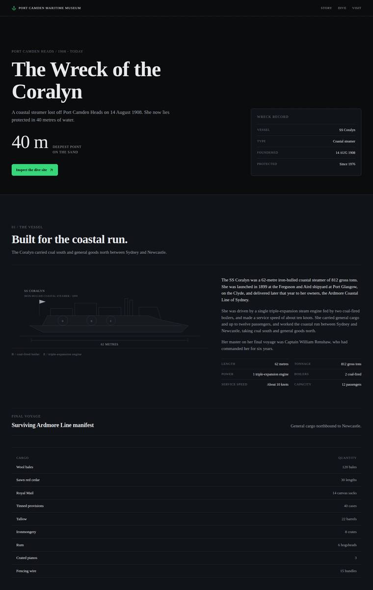 Elias Byrne (gpt-5.6-terra) webdesign output - The Wreck of the Coralyn maritime museum microsite