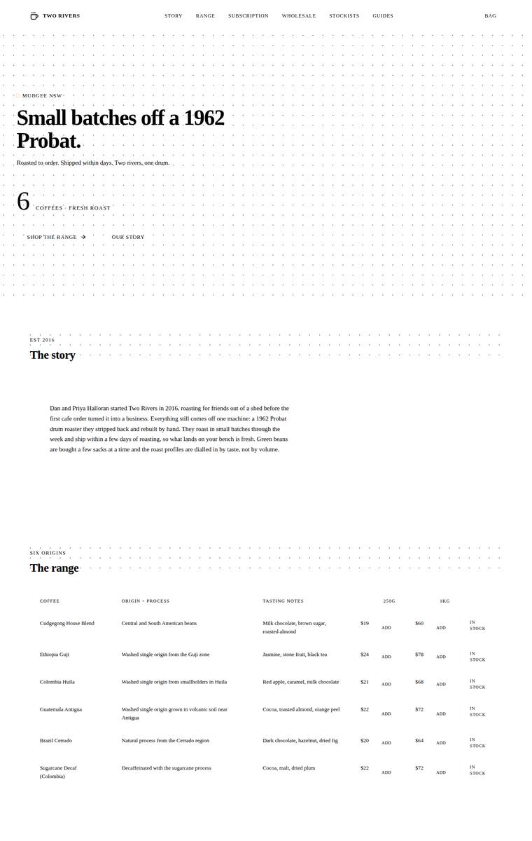 Elias Byrne (grok-4.20-reasoning) rendering of the Two Rivers Coffee Roasters single-page site benchmark - composite 67.2%, judge 3.7/5
