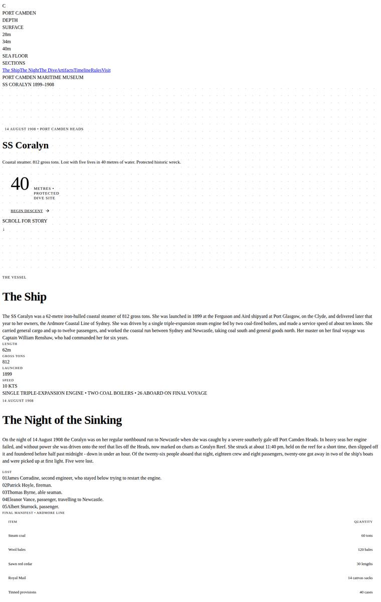Elias Byrne (grok-4.20-reasoning) webdesign output - The Wreck of the Coralyn maritime museum microsite