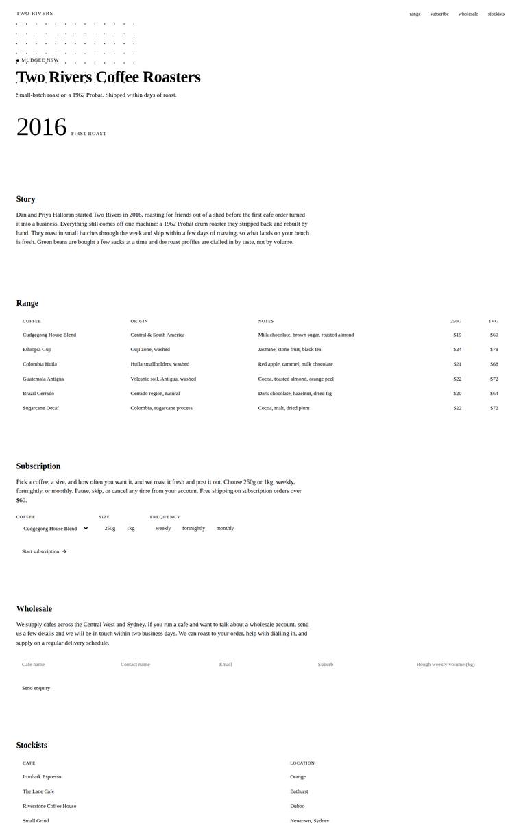 Elias Byrne (grok-4.3) rendering of the Two Rivers Coffee Roasters single-page site benchmark - composite 42.2%, judge 2.7/5