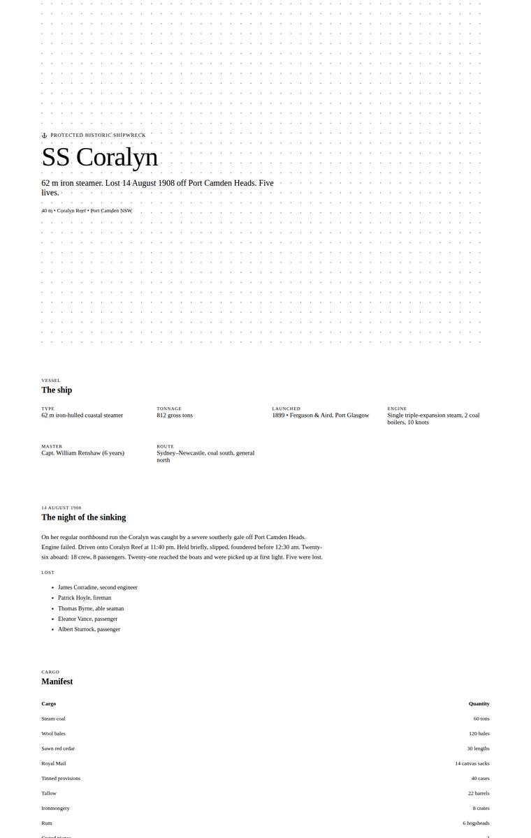 Elias Byrne (grok-4.3) webdesign output - The Wreck of the Coralyn maritime museum microsite