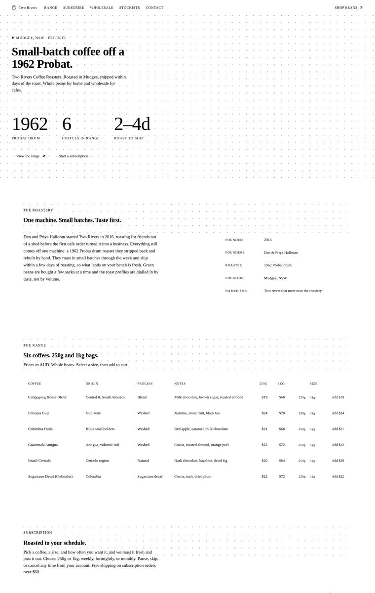 Elias Byrne (grok-4.5) rendering of the Two Rivers Coffee Roasters single-page site benchmark - composite 70.3%, judge 3.8/5