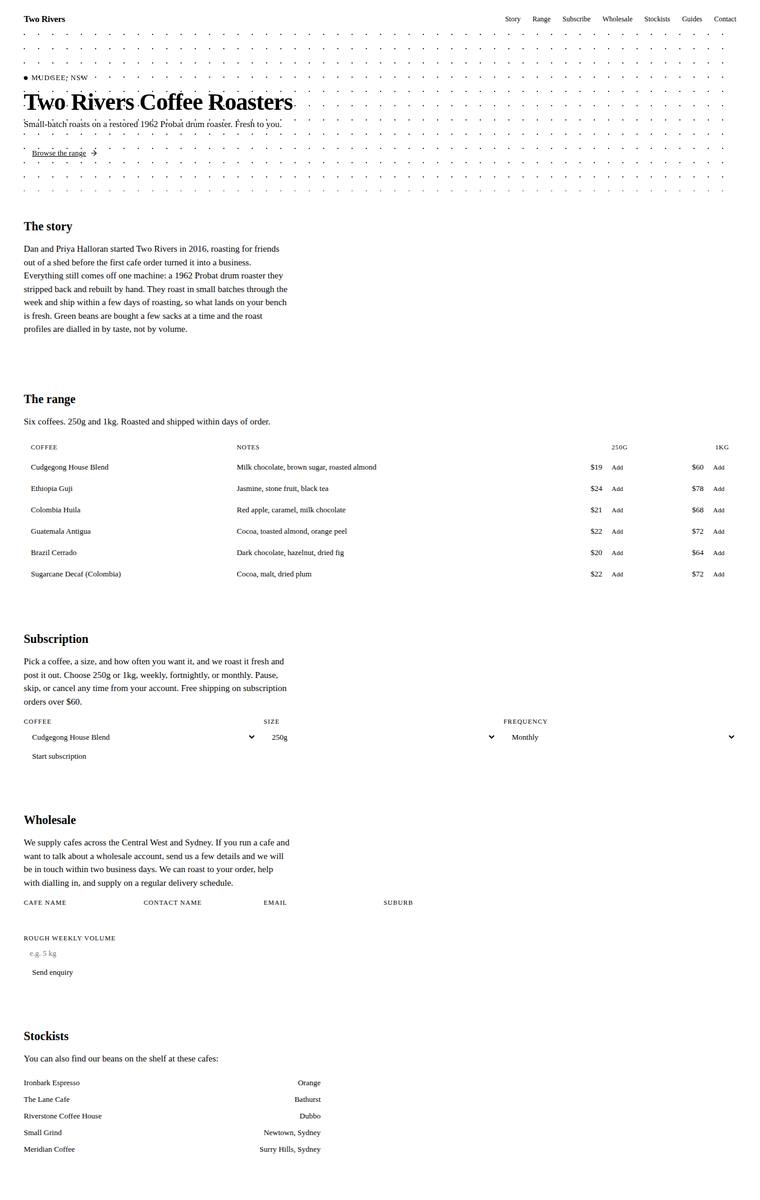 Elias Byrne (grok-build-0.1) webdesign output - Two Rivers Coffee Roasters single-page site