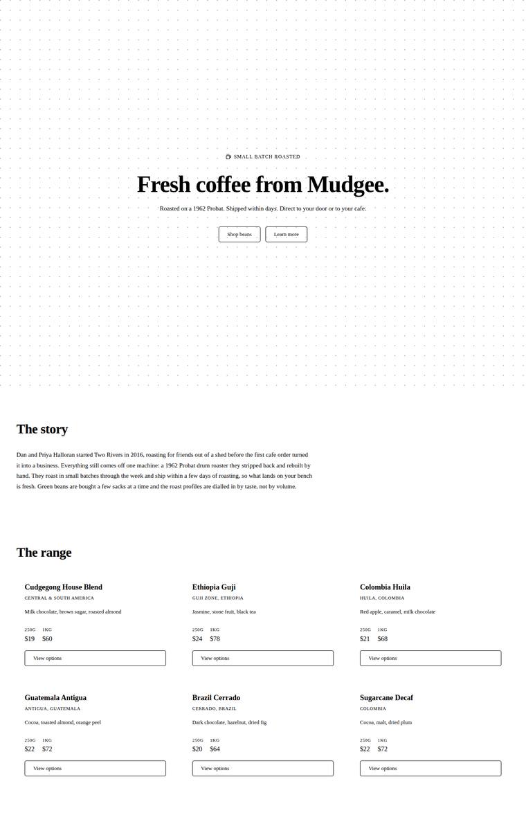 Elias Byrne (claude-haiku-4-5) rendering of the Two Rivers Coffee Roasters single-page site benchmark - composite 51.6%, judge 3.1/5