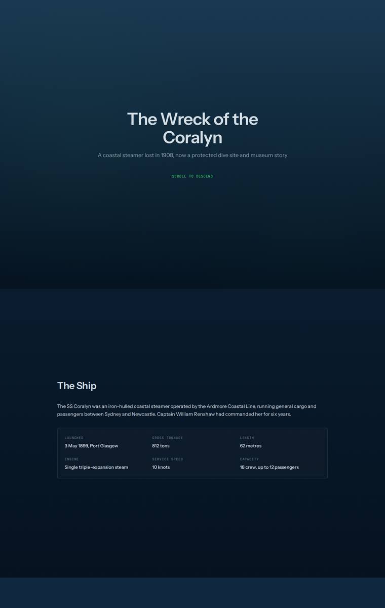 Elias Byrne (claude-haiku-4-5) webdesign output - The Wreck of the Coralyn maritime museum microsite
