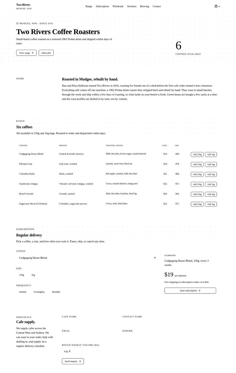 Elias Byrne (kimi-k2.7-code) webdesign output - Two Rivers Coffee Roasters single-page site