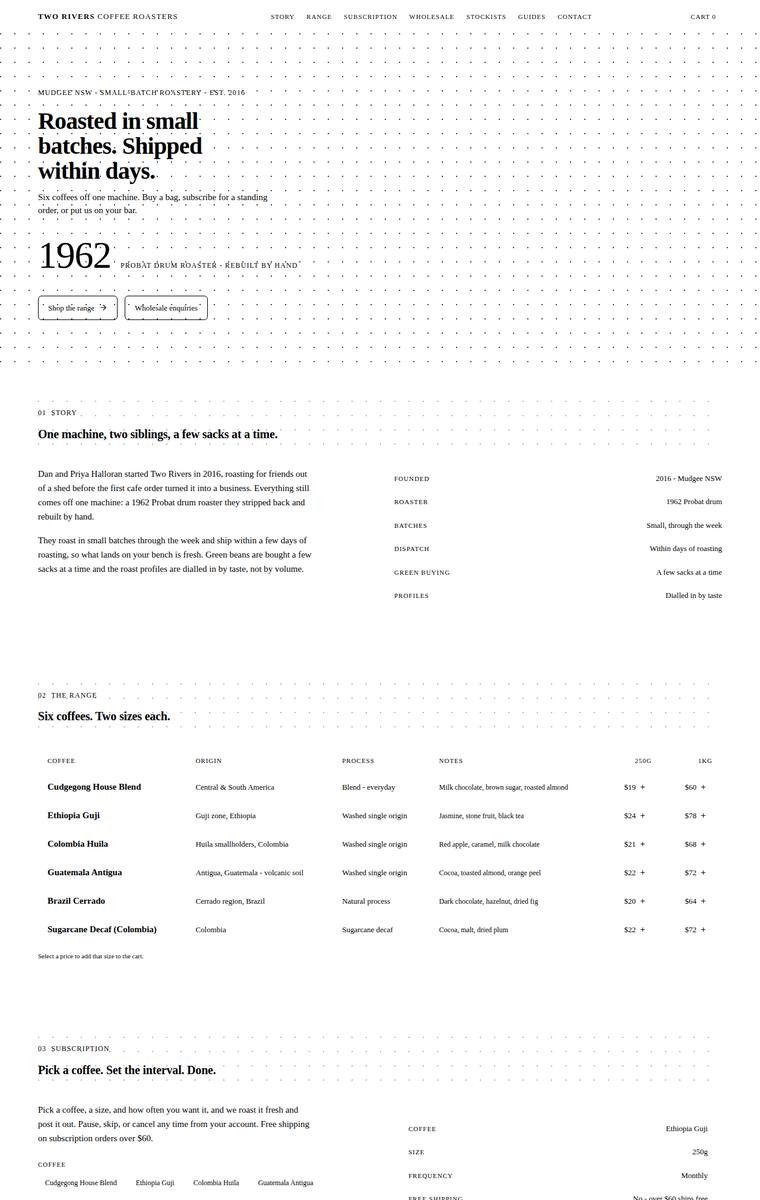 Elias Byrne (kimi-k3) rendering of the Two Rivers Coffee Roasters single-page site benchmark - composite 79.7%, judge 4.2/5
