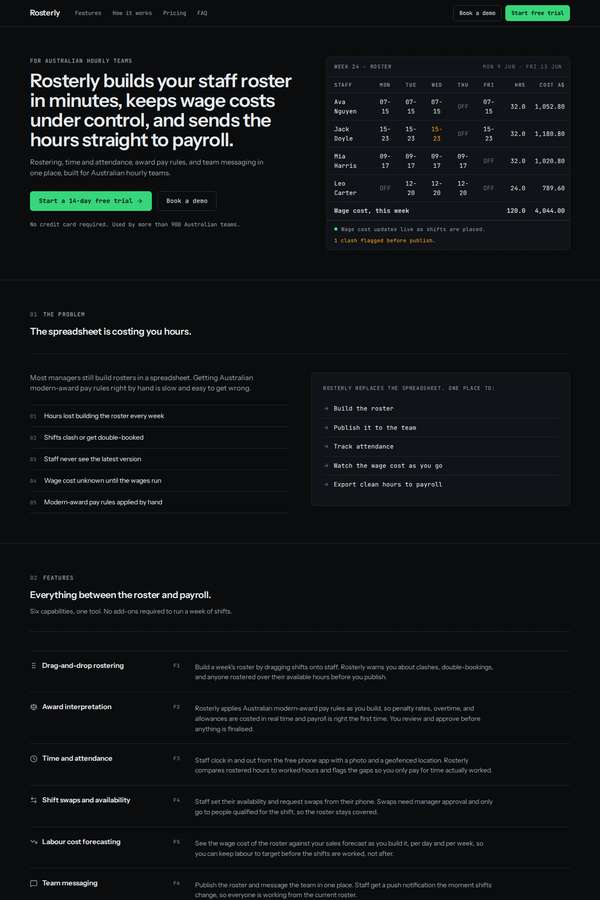 kimi-k3 build of Rosterly workforce shift-scheduling SaaS marketing site