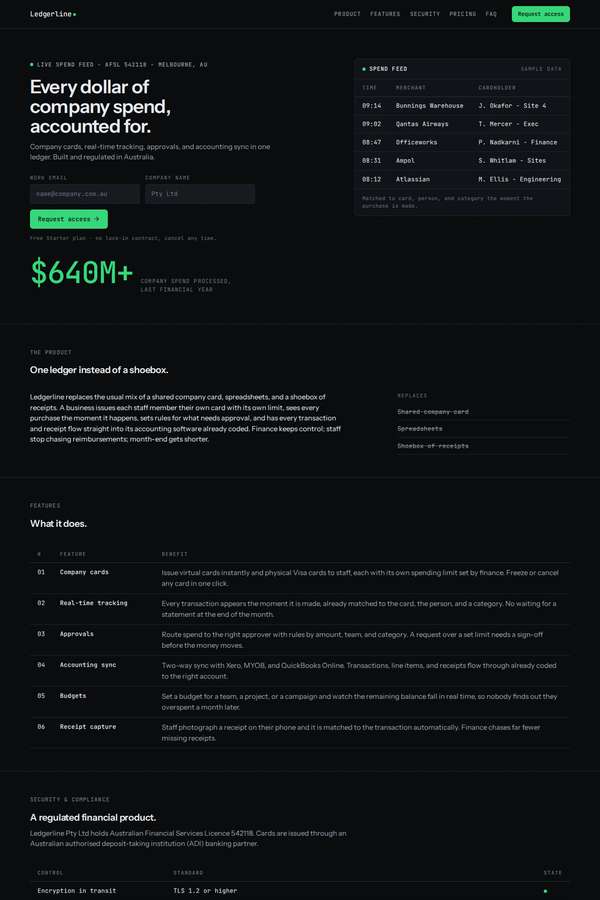 kimi-k3 build of Ledgerline business spend platform marketing site