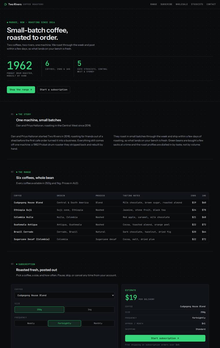 Elias Byrne (claude-opus-4-8) rendering of the Two Rivers Coffee Roasters single-page site benchmark - composite 82.8%, judge 4.3/5