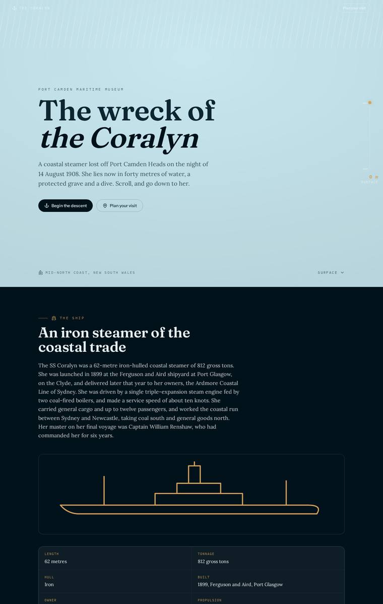 Elias Byrne (claude-opus-4-8) webdesign output - The Wreck of the Coralyn maritime museum microsite