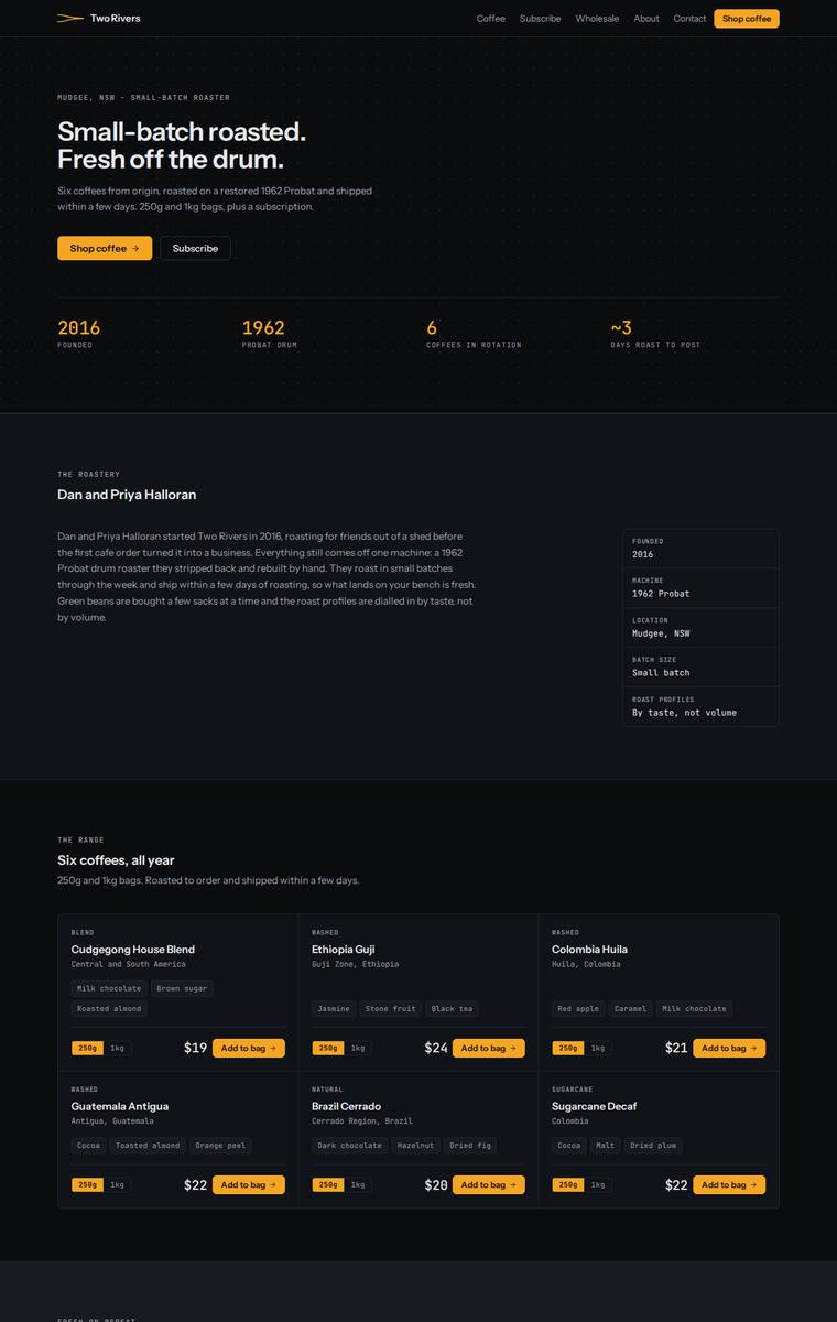 Elias Byrne (claude-sonnet-4-6) rendering of the Two Rivers Coffee Roasters single-page site benchmark - composite 81.3%, judge 4.3/5