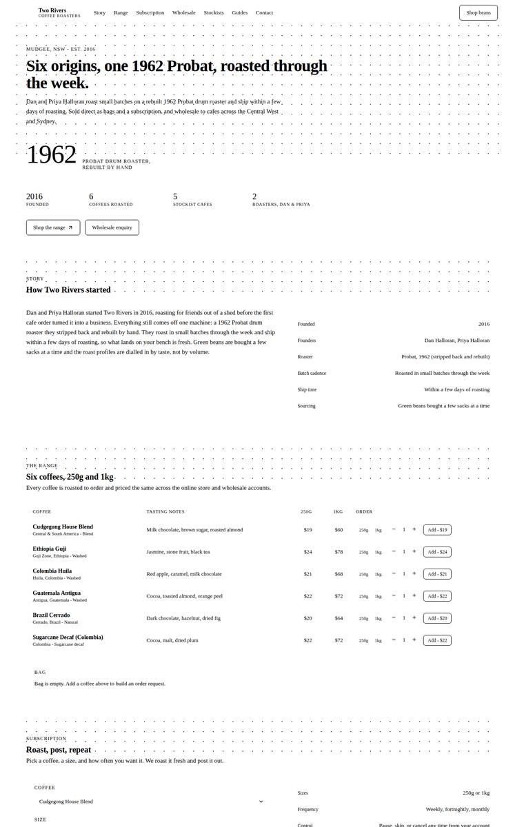 Elias Byrne (claude-sonnet-5) rendering of the Two Rivers Coffee Roasters single-page site benchmark - composite 75.0%, judge 4.0/5