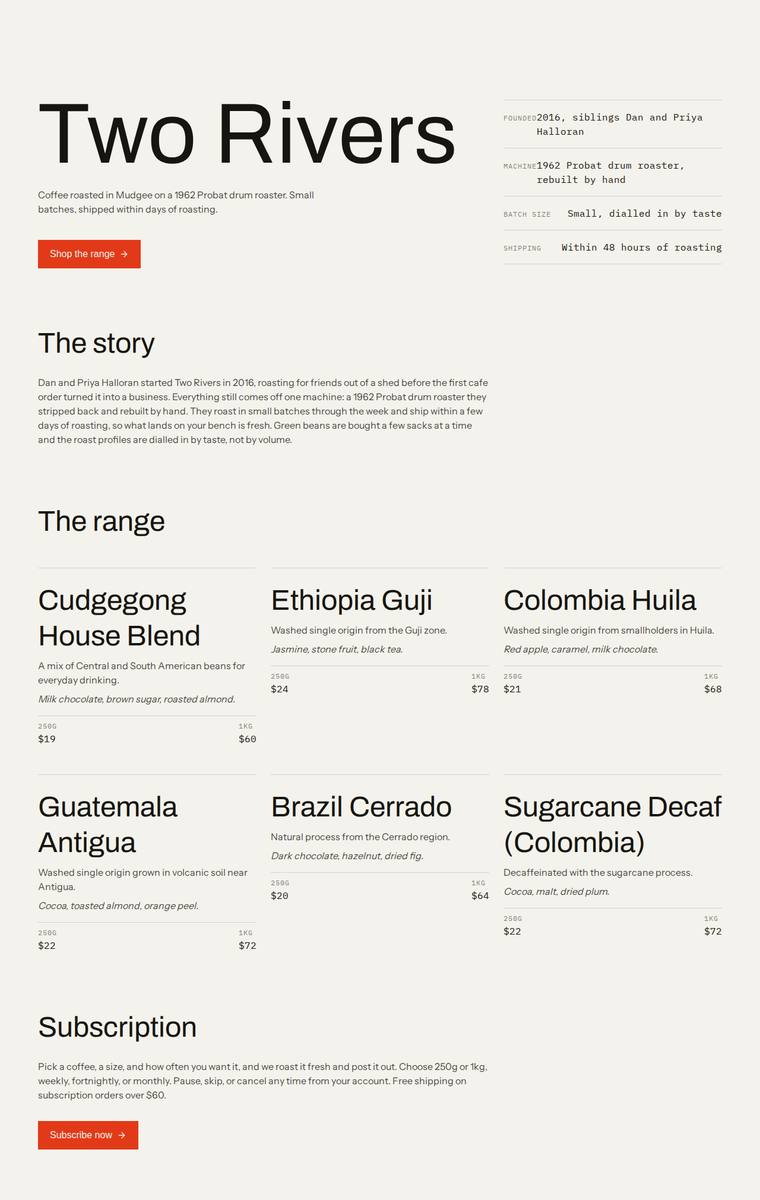 Ingrid Kessler (deepseek-v4-flash) rendering of the Two Rivers Coffee Roasters single-page site benchmark - composite 73.4%, judge 3.9/5