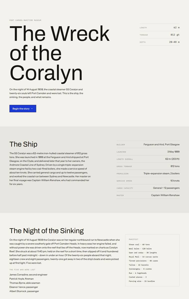 Ingrid Kessler (deepseek-v4-flash) webdesign output - The Wreck of the Coralyn maritime museum microsite