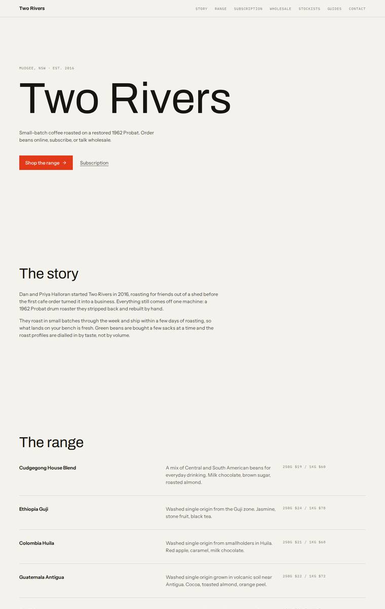 Ingrid Kessler (deepseek-v4-pro) rendering of the Two Rivers Coffee Roasters single-page site benchmark - composite 68.8%, judge 3.8/5