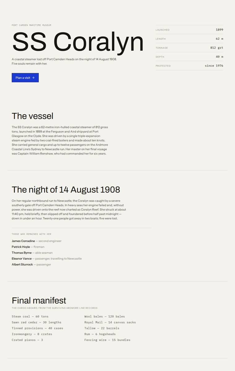 deepseek-v4-pro build of The Wreck of the Coralyn maritime museum microsite
