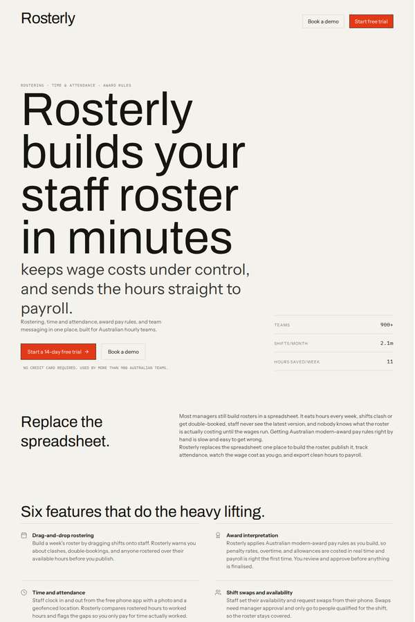 deepseek-v4-pro build of Rosterly workforce shift-scheduling SaaS marketing site