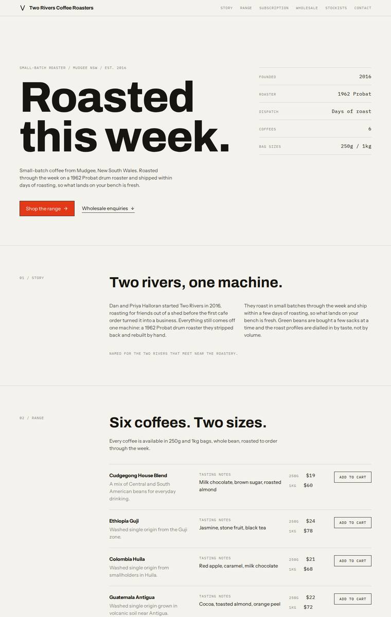Ingrid Kessler (claude-fable-5) webdesign output - Two Rivers Coffee Roasters single-page site