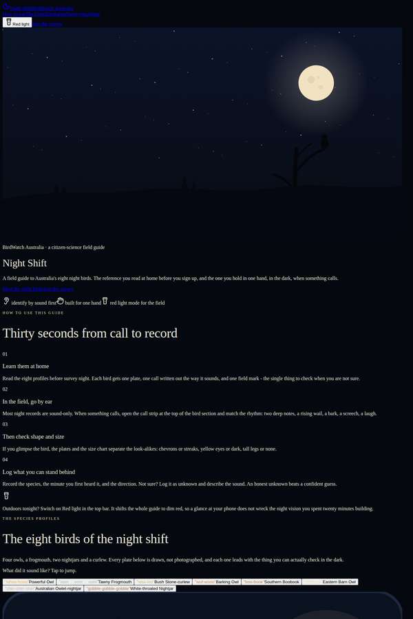 claude-fable-5 build of Night Shift nocturnal bird field guide