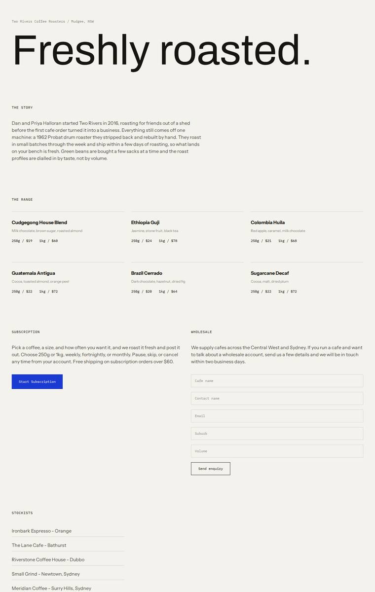 Ingrid Kessler (gemini-3.1-flash-lite) rendering of the Two Rivers Coffee Roasters single-page site benchmark - composite 57.8%, judge 3.3/5
