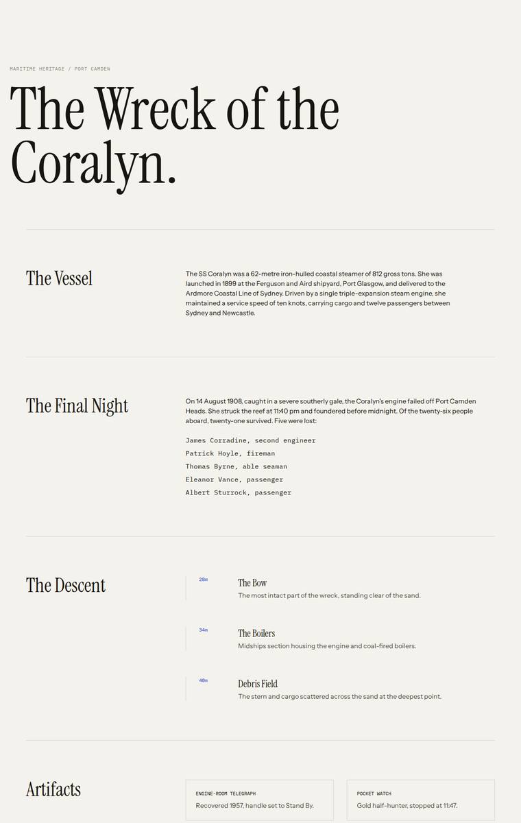 Ingrid Kessler (gemini-3.1-flash-lite) webdesign output - The Wreck of the Coralyn maritime museum microsite