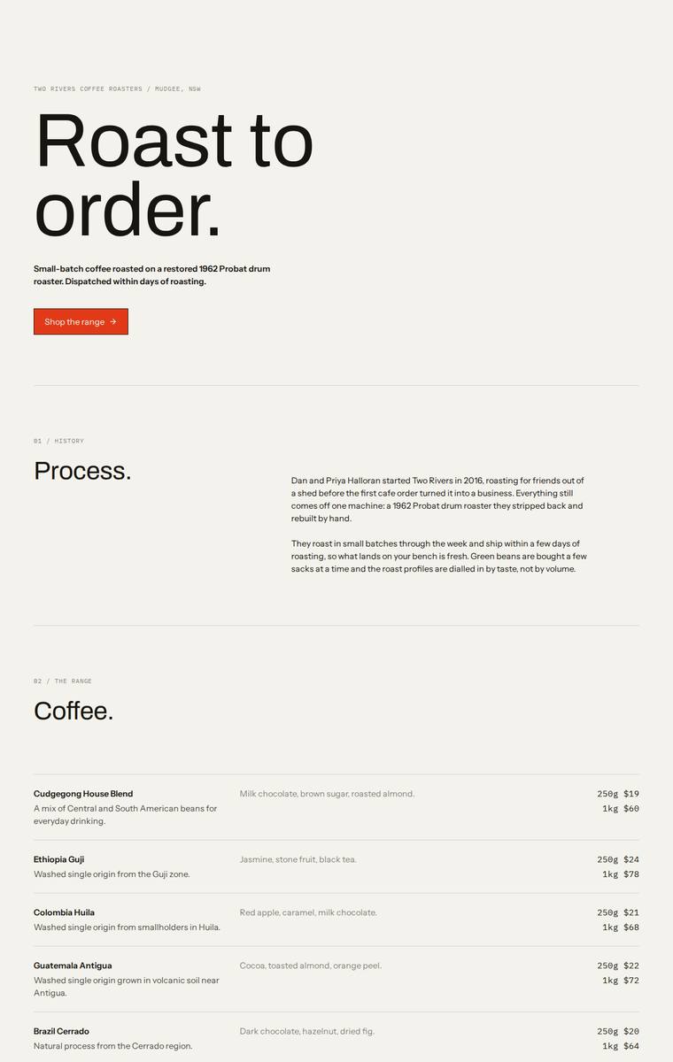 Ingrid Kessler (gemini-3.1-pro-preview) rendering of the Two Rivers Coffee Roasters single-page site benchmark - composite 84.4%, judge 4.4/5