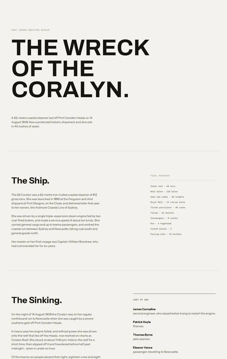 Ingrid Kessler (gemini-3.1-pro-preview) webdesign output - The Wreck of the Coralyn maritime museum microsite