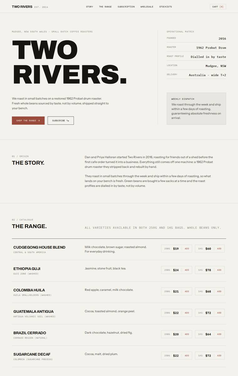 Ingrid Kessler (gemini-3.5-flash) rendering of the Two Rivers Coffee Roasters single-page site benchmark - composite 87.5%, judge 4.5/5
