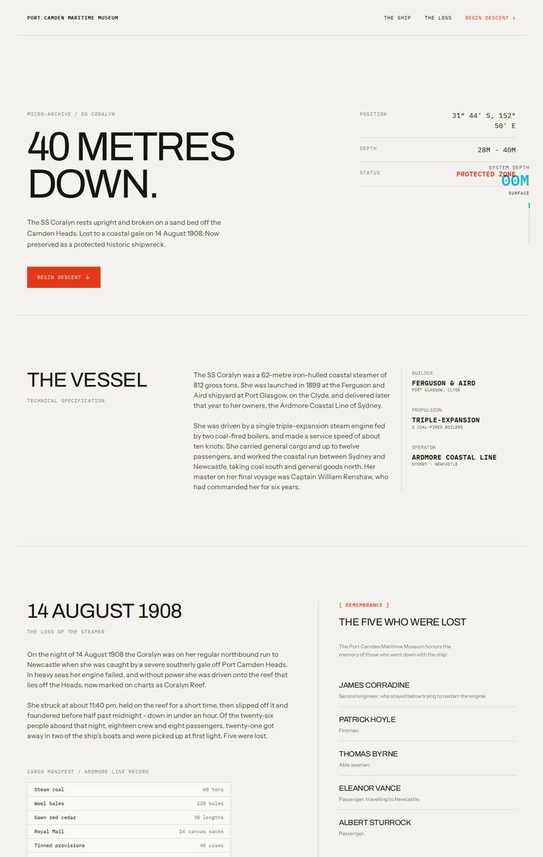 Ingrid Kessler (gemini-3.5-flash) webdesign output - The Wreck of the Coralyn maritime museum microsite