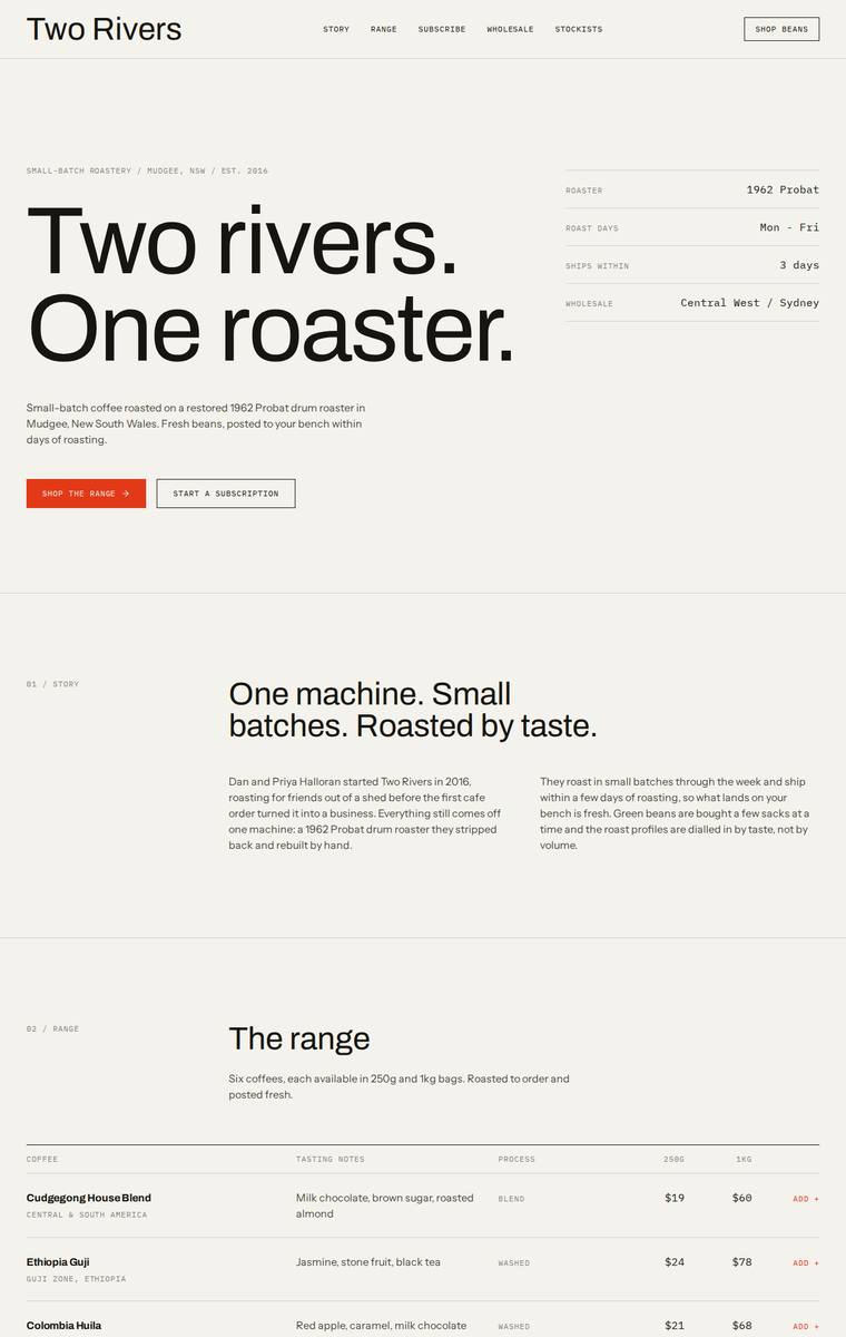 Ingrid Kessler (glm-5.2) rendering of the Two Rivers Coffee Roasters single-page site benchmark - composite 79.7%, judge 4.2/5