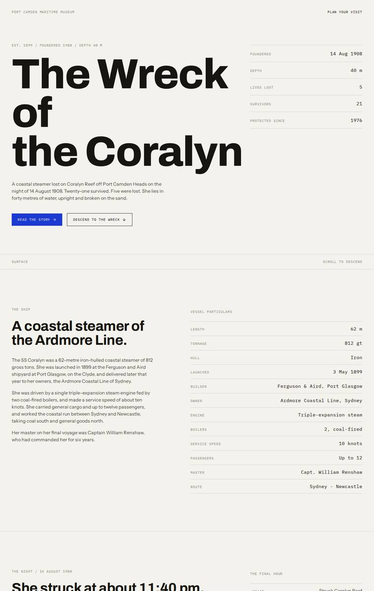 Ingrid Kessler (glm-5.2) webdesign output - The Wreck of the Coralyn maritime museum microsite