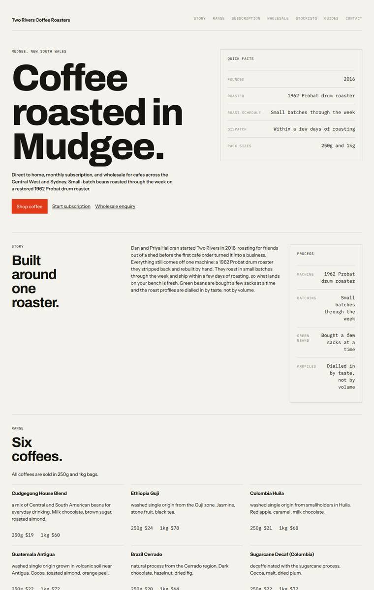 Ingrid Kessler (gpt-5.4-mini) rendering of the Two Rivers Coffee Roasters single-page site benchmark - composite 78.1%, judge 4.1/5