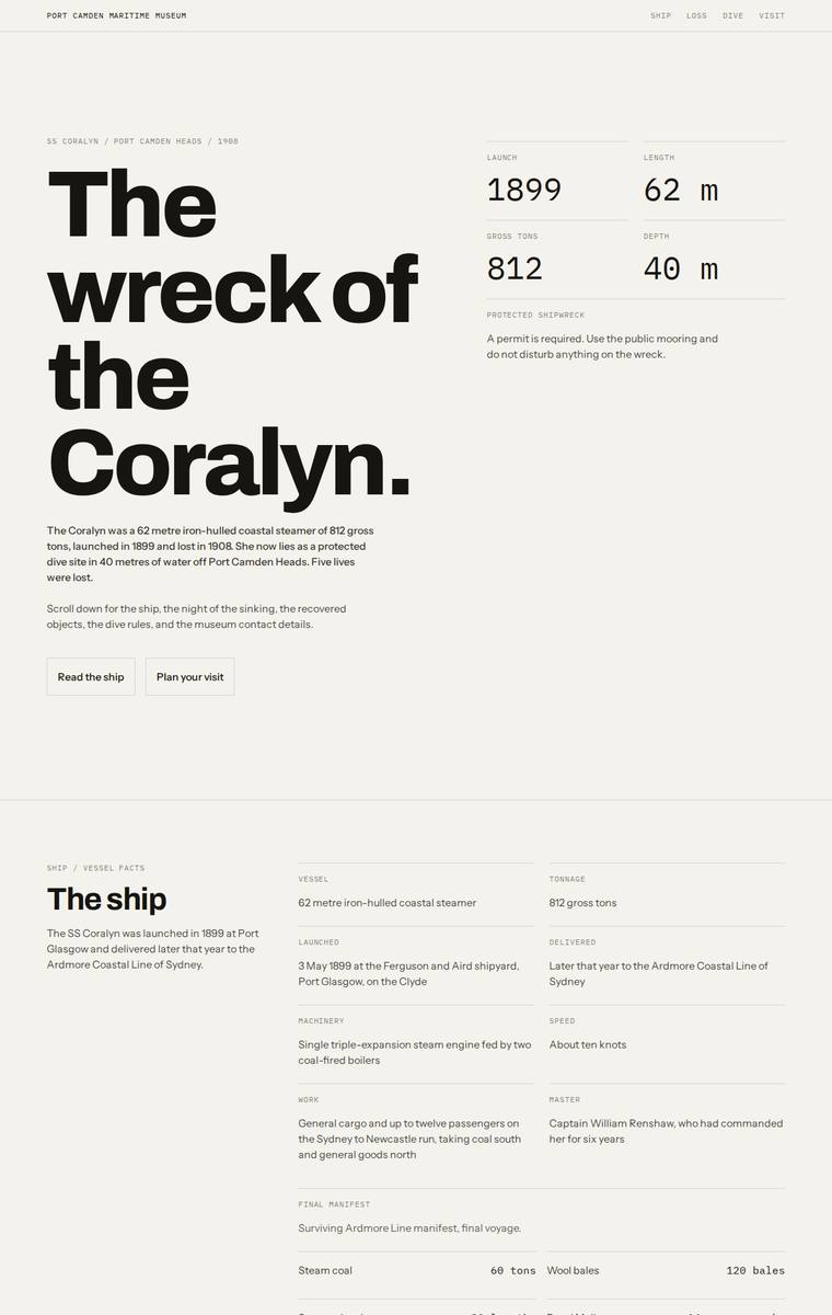 Ingrid Kessler (gpt-5.4-mini) webdesign output - The Wreck of the Coralyn maritime museum microsite