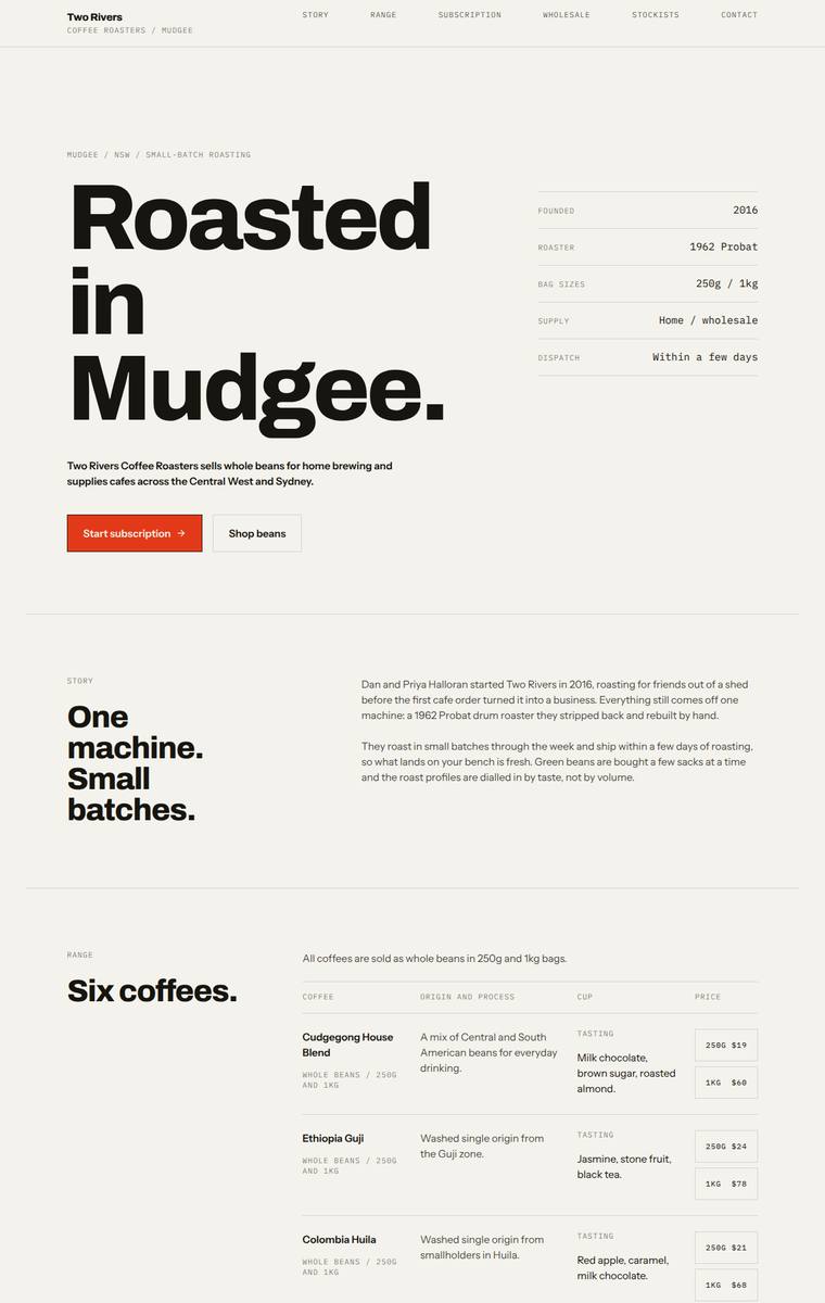 Ingrid Kessler (gpt-5.5) rendering of the Two Rivers Coffee Roasters single-page site benchmark - composite 89.1%, judge 4.6/5