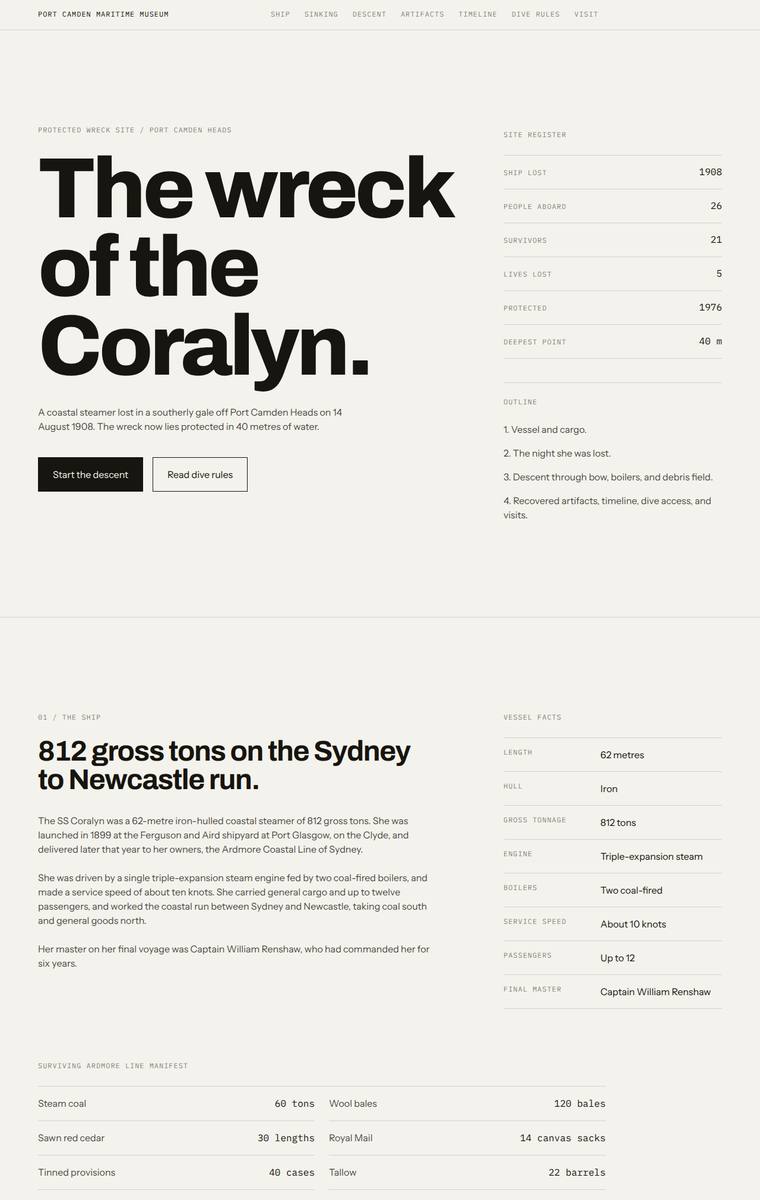 Ingrid Kessler (gpt-5.5) webdesign output - The Wreck of the Coralyn maritime museum microsite