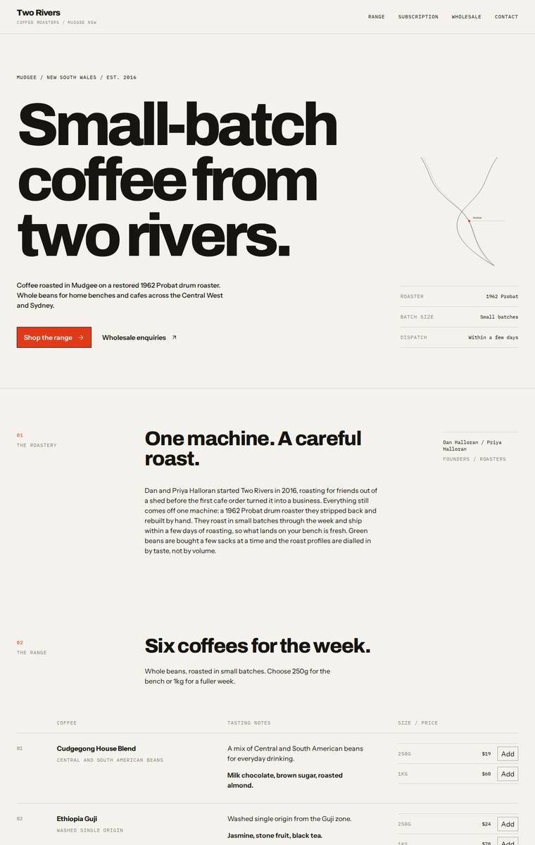 Ingrid Kessler (gpt-5.6-luna) webdesign output - Two Rivers Coffee Roasters single-page site