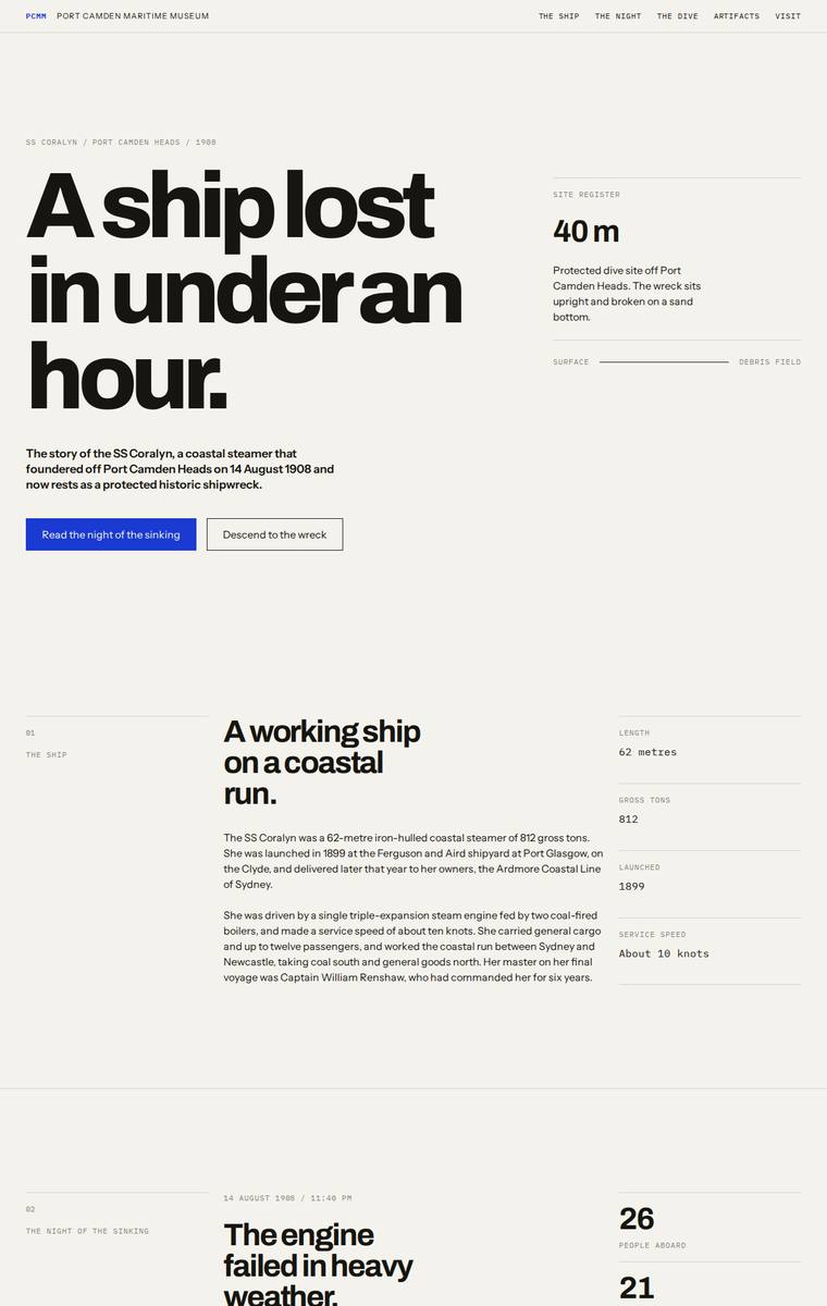 Ingrid Kessler (gpt-5.6-luna) webdesign output - The Wreck of the Coralyn maritime museum microsite