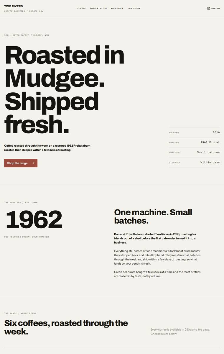 Ingrid Kessler (gpt-5.6-sol) rendering of the Two Rivers Coffee Roasters single-page site benchmark - composite 81.3%, judge 4.3/5