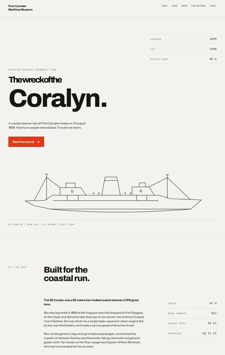 Ingrid Kessler (gpt-5.6-sol) webdesign output - The Wreck of the Coralyn maritime museum microsite
