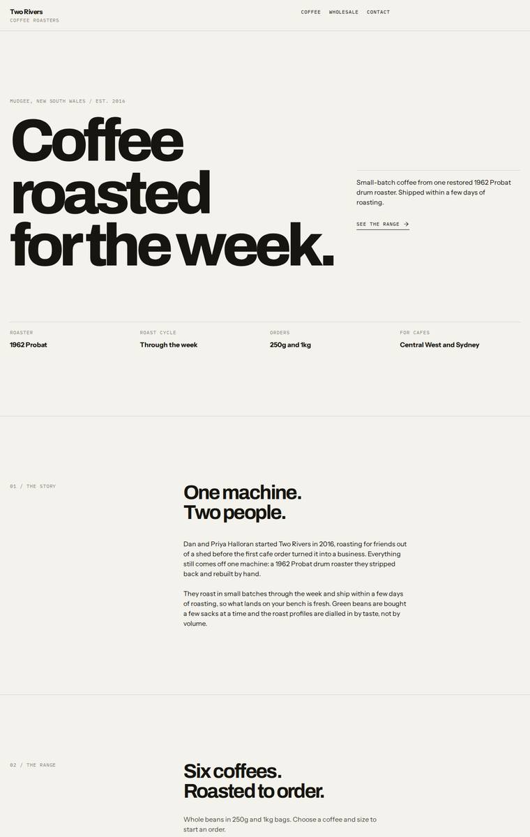 Ingrid Kessler (gpt-5.6-terra) rendering of the Two Rivers Coffee Roasters single-page site benchmark - composite 85.9%, judge 4.4/5