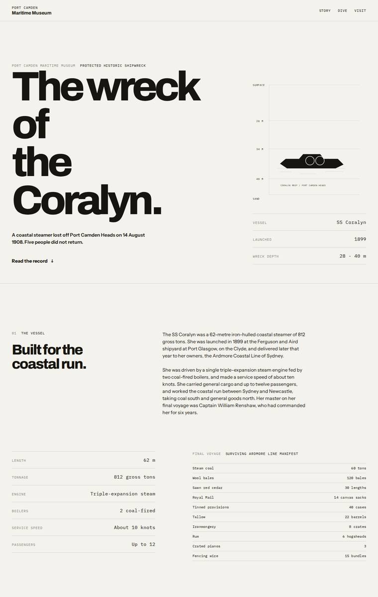 Ingrid Kessler (gpt-5.6-terra) webdesign output - The Wreck of the Coralyn maritime museum microsite